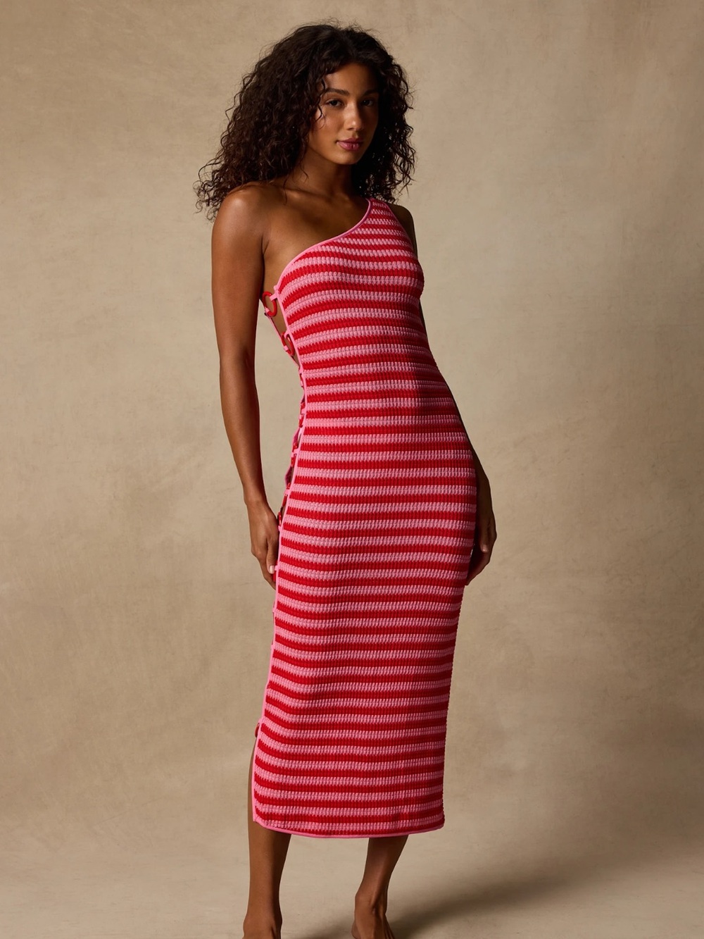 Lulu's One-Shoulder Pink & Red Striped Midi Dress